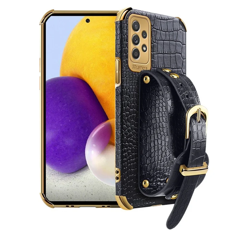 For Samsung Galaxy A73 5G PU Leather Coated TPU Mobile Phone Cover Crocodile Texture 6D Electroplating Precise Cutout Case with Wristband - Black