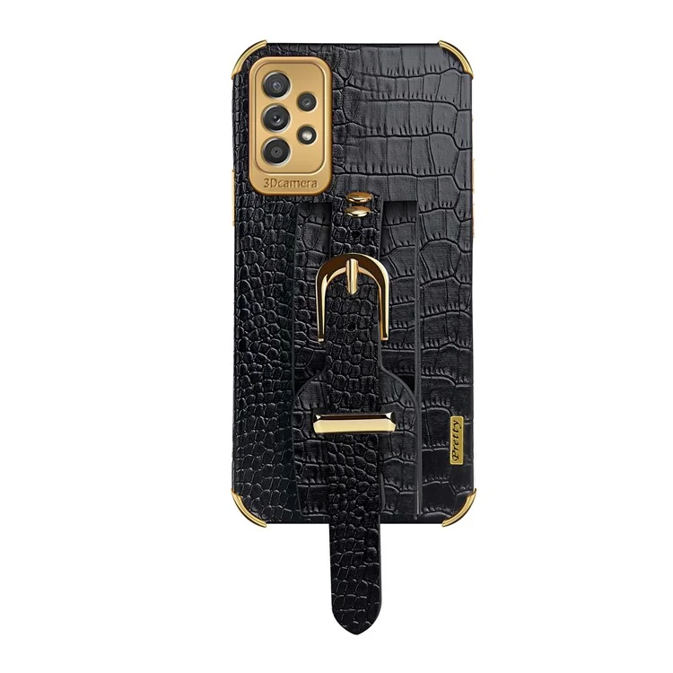 For Samsung Galaxy A73 5G PU Leather Coated TPU Mobile Phone Cover Crocodile Texture 6D Electroplating Precise Cutout Case with Wristband - Black
