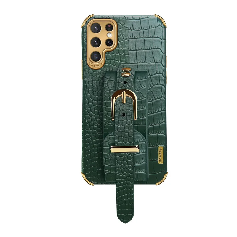 For Samsung Galaxy S22 Ultra 5G Crocodile Texture 6D Electroplating Precise Cutout PU Leather Coated TPU Flexible Phone Case - Green