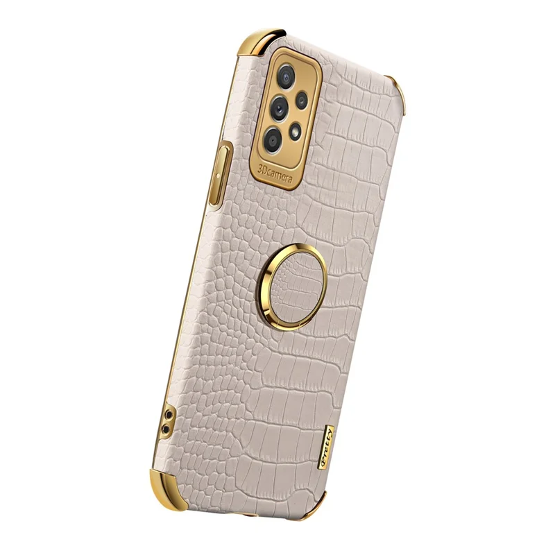 For Samsung Galaxy A73 5G 6D Electroplated Crocodile Texture Case Rotating Finger Ring Kickstand Leather Coated TPU Phone Shell Case - White