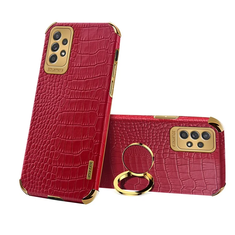 For Samsung Galaxy A73 5G 6D Electroplated Crocodile Texture Case Rotating Finger Ring Kickstand Leather Coated TPU Phone Shell Case - Red