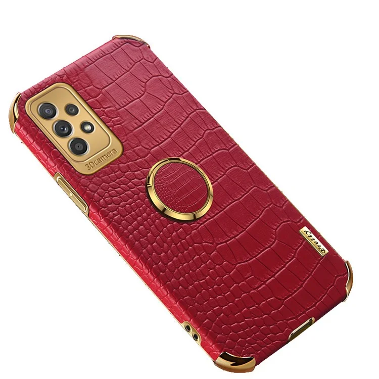 For Samsung Galaxy A73 5G 6D Electroplated Crocodile Texture Case Rotating Finger Ring Kickstand Leather Coated TPU Phone Shell Case - Red