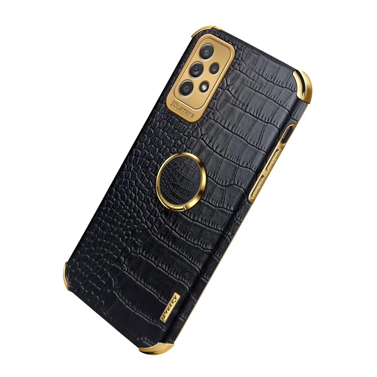 For Samsung Galaxy A73 5G 6D Electroplated Crocodile Texture Case Rotating Finger Ring Kickstand Leather Coated TPU Phone Shell Case - Red