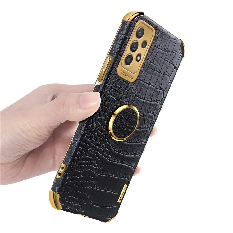 For Samsung Galaxy A73 5G 6D Electroplated Crocodile Texture Case Rotating Finger Ring Kickstand Leather Coated TPU Phone Shell Case - Red