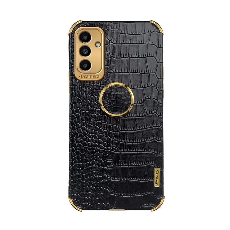For Samsung Galaxy M52 5G 6D Electroplated Finger Ring Kickstand Design Precise Cutout Crocodile Texture Leather Coated TPU Phone Case - Black