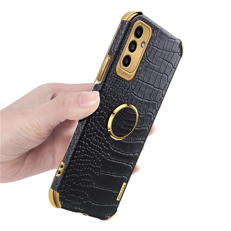 For Samsung Galaxy M52 5G 6D Electroplated Finger Ring Kickstand Design Precise Cutout Crocodile Texture Leather Coated TPU Phone Case - Black
