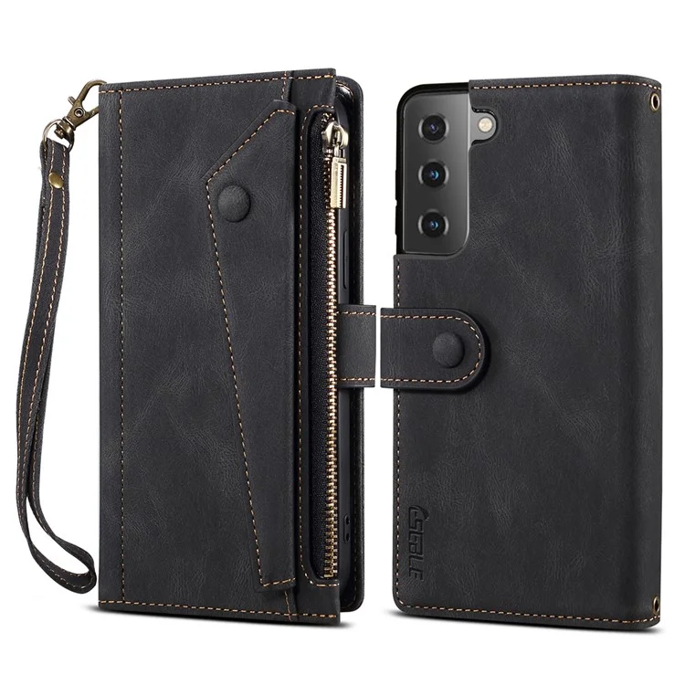 ESEBLE For Samsung Galaxy S21 FE 5G Phone Cover Zipper Pocket Adjustable Stand Wallet Multi-functional Cell Phone Case - Black