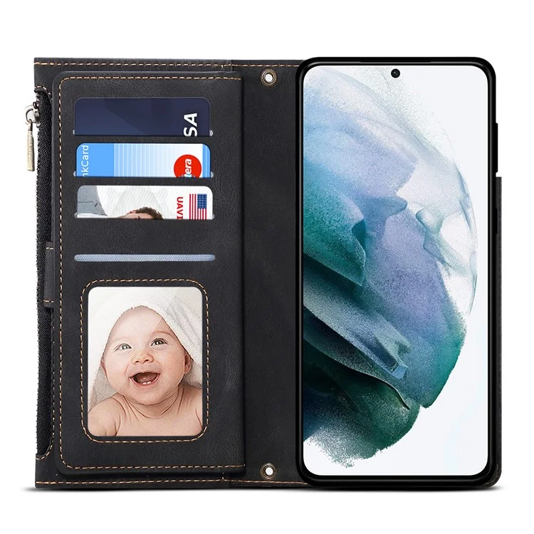 ESEBLE For Samsung Galaxy S21 FE 5G Phone Cover Zipper Pocket Adjustable Stand Wallet Multi-functional Cell Phone Case - Black