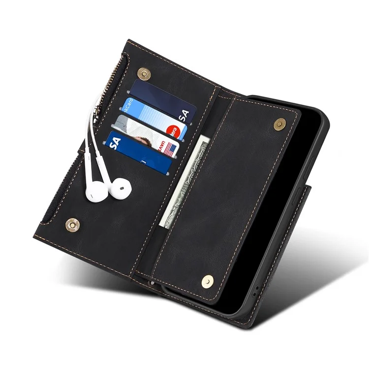ESEBLE For Samsung Galaxy S21 FE 5G Phone Cover Zipper Pocket Adjustable Stand Wallet Multi-functional Cell Phone Case - Black