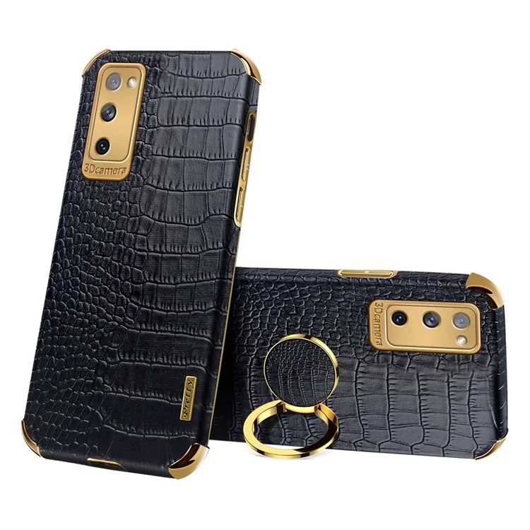 For Samsung Galaxy S20 FE 2022/S20 FE/S20 FE 5G/S20 Lite Crocodile Texture 6D Electroplated PU Leather Coated TPU Phone Case Cover with Ring Kickstand - Black