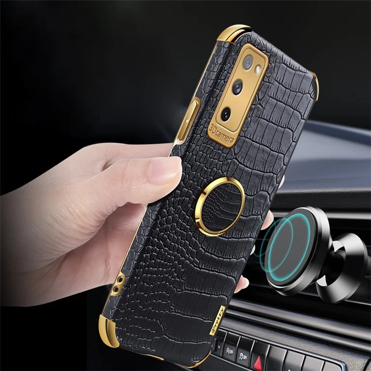 For Samsung Galaxy S20 FE 2022/S20 FE/S20 FE 5G/S20 Lite Crocodile Texture 6D Electroplated PU Leather Coated TPU Phone Case Cover with Ring Kickstand - Black