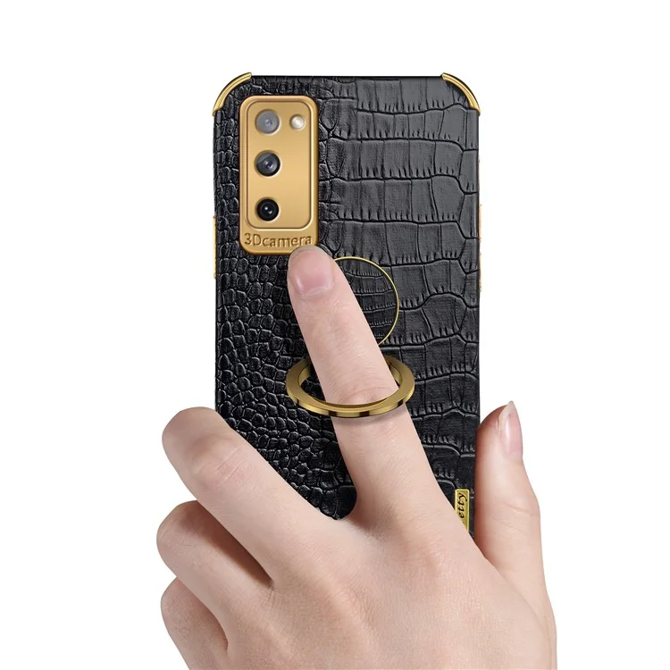 For Samsung Galaxy S20 FE 2022/S20 FE/S20 FE 5G/S20 Lite Crocodile Texture 6D Electroplated PU Leather Coated TPU Phone Case Cover with Ring Kickstand - Black