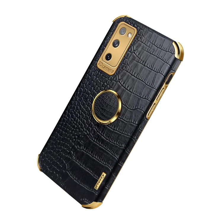 Per Samsung Galaxy S20 FE 2022/S20 FE/S20 fe 5G/S20 Lite Crocodile Texture 6D Electroplated PU Cover Del Telefono TPU Rivestito in Pelle PU Con Cavalletto ad Anello - Nero