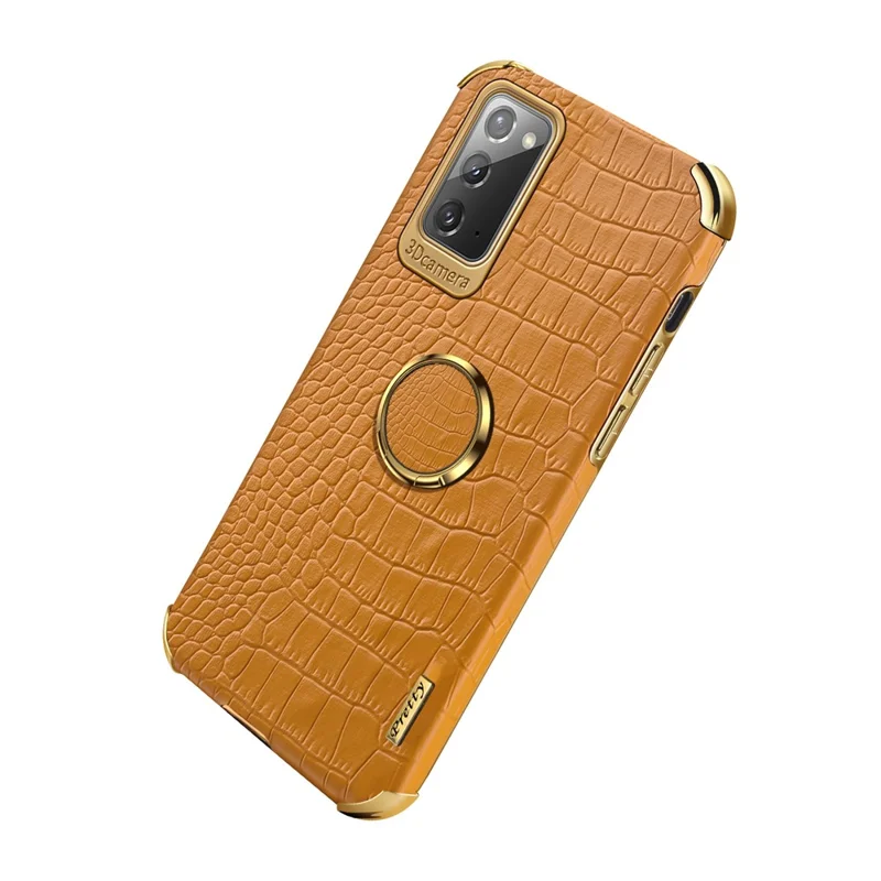 For Samsung Galaxy Note20 5G/4G 6D Electroplated Crocodile Texture Kickstand Phone Case PU Leather Coated TPU Shell - Yellow
