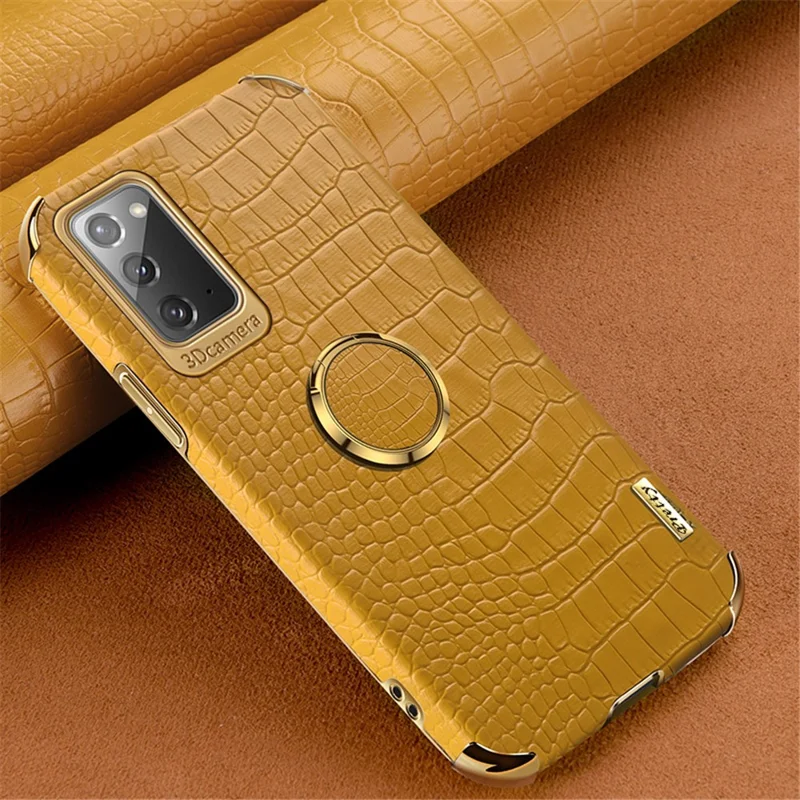 For Samsung Galaxy Note20 5G/4G 6D Electroplated Crocodile Texture Kickstand Phone Case PU Leather Coated TPU Shell - Yellow