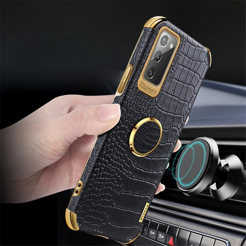 For Samsung Galaxy Note20 5G/4G 6D Electroplated Crocodile Texture Kickstand Phone Case PU Leather Coated TPU Shell - Yellow
