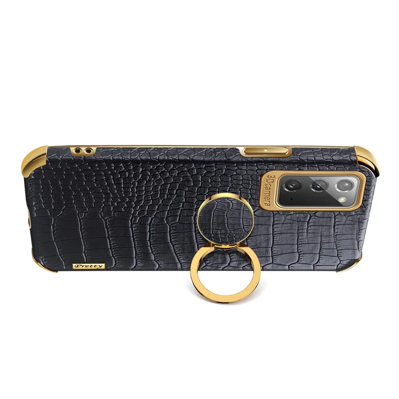For Samsung Galaxy Note20 5G/4G 6D Electroplated Crocodile Texture Kickstand Phone Case PU Leather Coated TPU Shell - Yellow