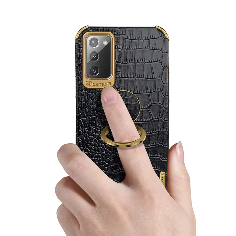 For Samsung Galaxy Note20 5G/4G 6D Electroplated Crocodile Texture Kickstand Phone Case PU Leather Coated TPU Shell - Yellow