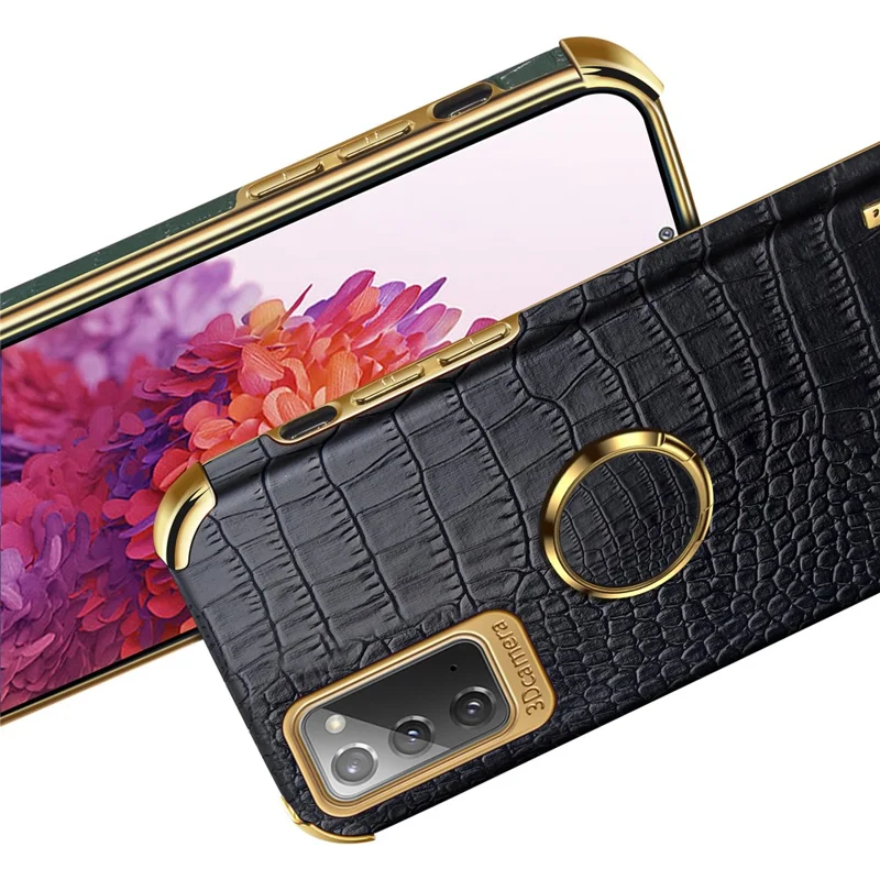 For Samsung Galaxy Note20 5G/4G 6D Electroplated Crocodile Texture Kickstand Phone Case PU Leather Coated TPU Shell - Yellow