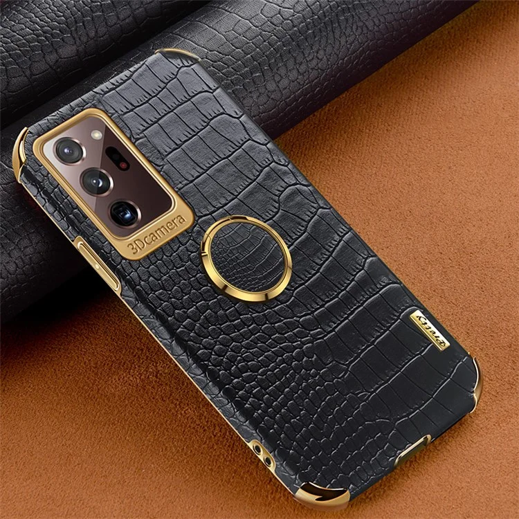 For Samsung Galaxy Note20 Ultra/Note20 Ultra 5G 6D Electroplated Ring Kickstand Phone Cover Crocodile Texture PU Leather Coated TPU Case - Black