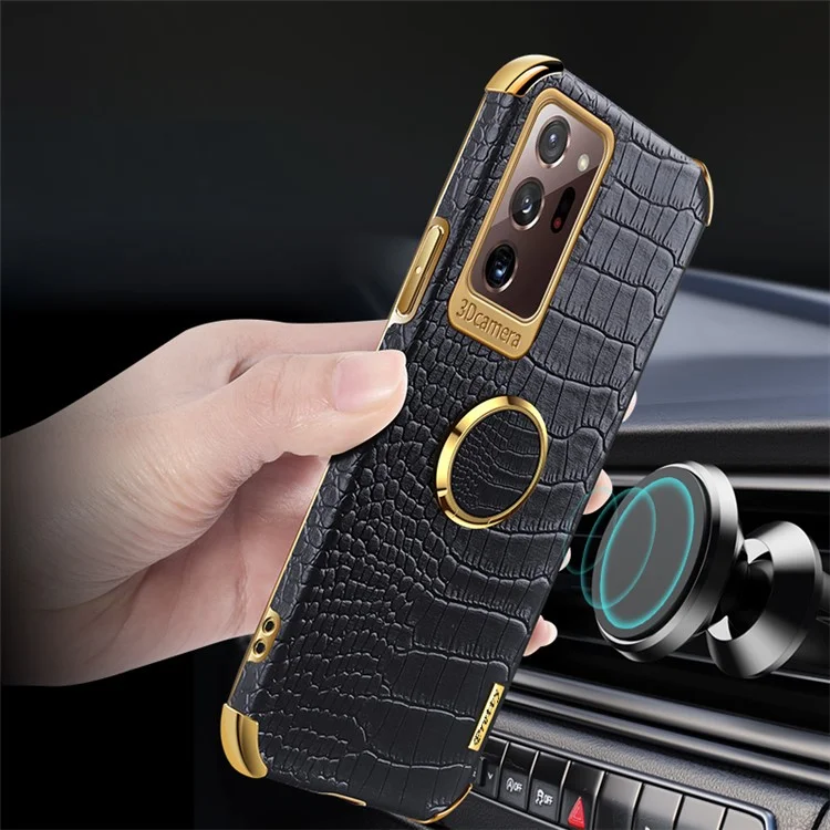 For Samsung Galaxy Note20 Ultra/Note20 Ultra 5G 6D Electroplated Ring Kickstand Phone Cover Crocodile Texture PU Leather Coated TPU Case - Black