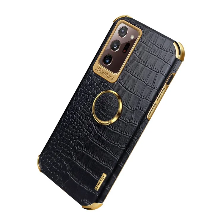For Samsung Galaxy Note20 Ultra/Note20 Ultra 5G 6D Electroplated Ring Kickstand Phone Cover Crocodile Texture PU Leather Coated TPU Case - Black