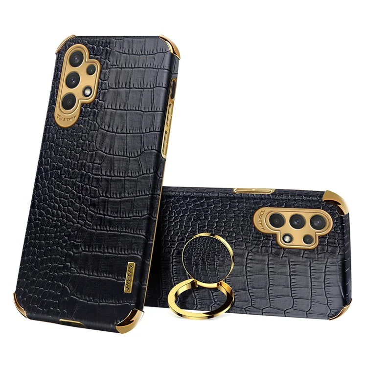 For Samsung Galaxy A32 5G/M32 5G Crocodile Texture PU Leather Coated TPU Case 6D Electroplated Kickstand Cover - Black