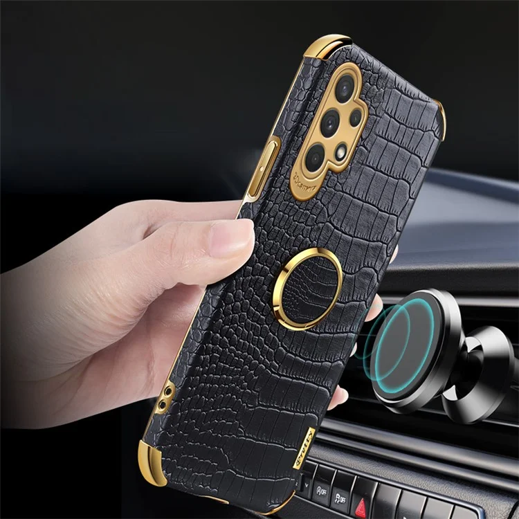 For Samsung Galaxy A32 5G/M32 5G Crocodile Texture PU Leather Coated TPU Case 6D Electroplated Kickstand Cover - Black