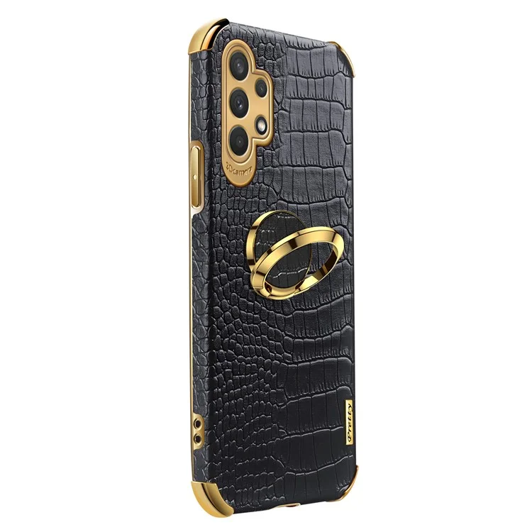For Samsung Galaxy A32 5G/M32 5G Crocodile Texture PU Leather Coated TPU Case 6D Electroplated Kickstand Cover - Black