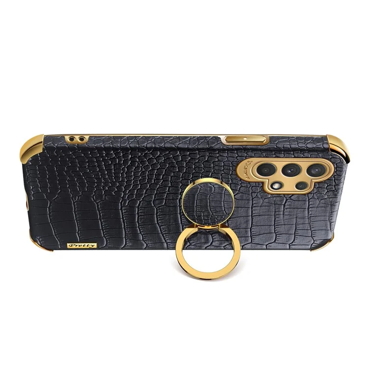 For Samsung Galaxy A32 5G/M32 5G Crocodile Texture PU Leather Coated TPU Case 6D Electroplated Kickstand Cover - Black