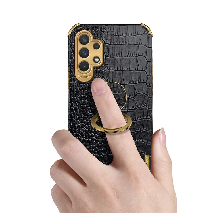 For Samsung Galaxy A32 5G/M32 5G Crocodile Texture PU Leather Coated TPU Case 6D Electroplated Kickstand Cover - Black
