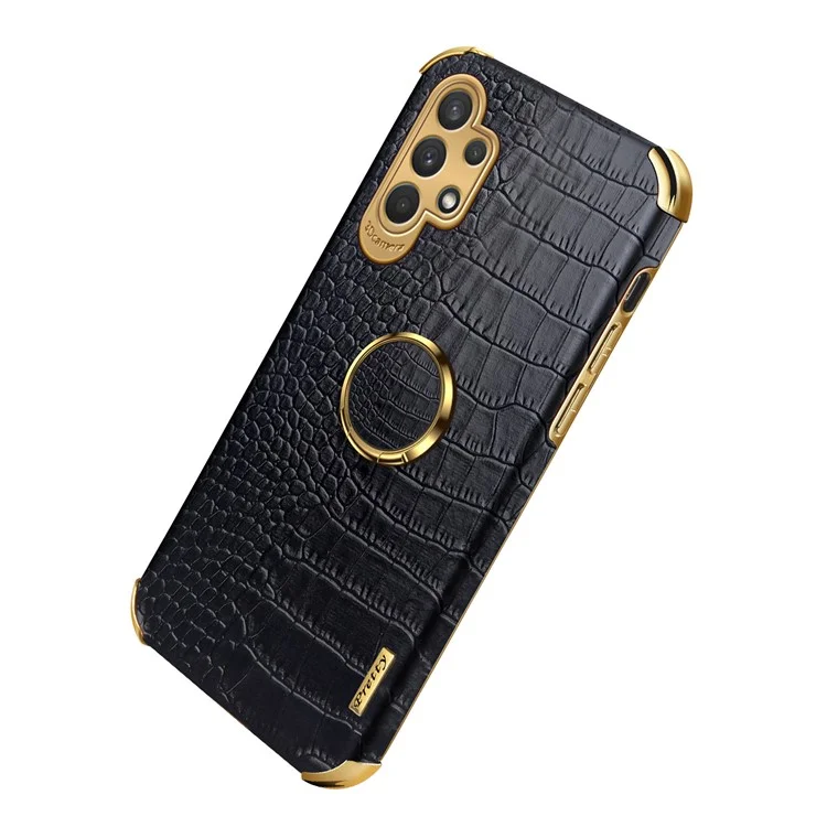 For Samsung Galaxy A32 5G/M32 5G Crocodile Texture PU Leather Coated TPU Case 6D Electroplated Kickstand Cover - Black