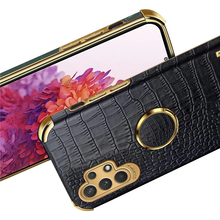For Samsung Galaxy A32 5G/M32 5G Crocodile Texture PU Leather Coated TPU Case 6D Electroplated Kickstand Cover - Black