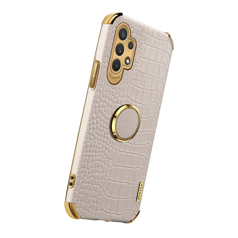 For Samsung Galaxy A32 5G/M32 5G Crocodile Texture PU Leather Coated TPU Case 6D Electroplated Kickstand Cover - White