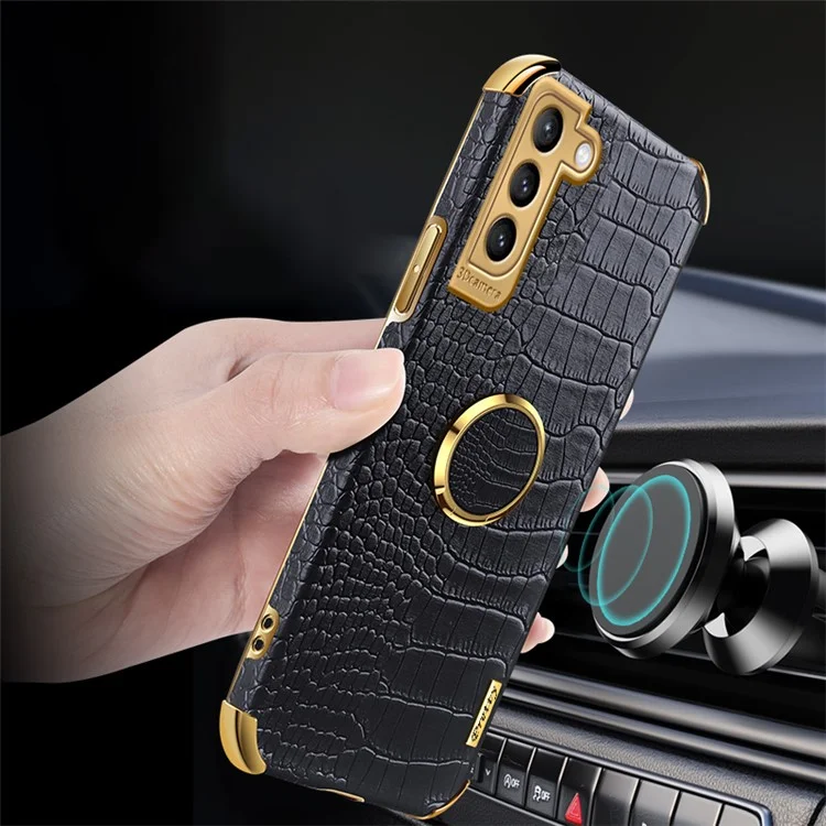 For Samsung Galaxy S22 5G Mobile Phone Cover PU Leather+TPU Crocodile Texture Kickstand Electroplating Finger Ring Holder Phone Case - Black