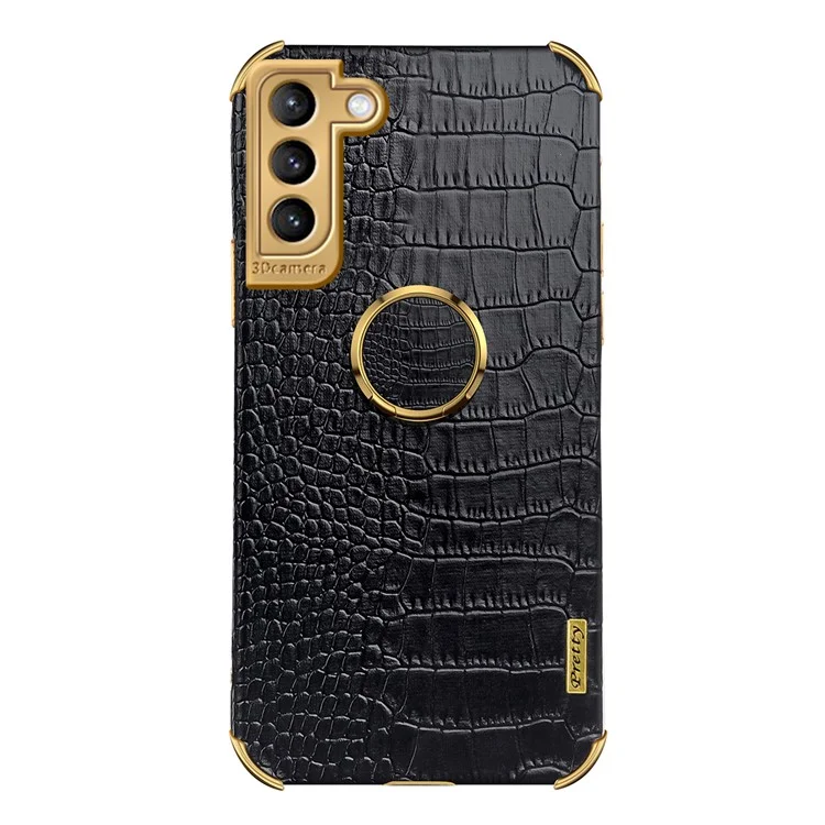 For Samsung Galaxy S22 5G Mobile Phone Cover PU Leather+TPU Crocodile Texture Kickstand Electroplating Finger Ring Holder Phone Case - Black
