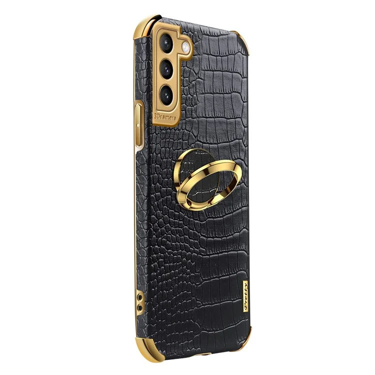 For Samsung Galaxy S22 5G Mobile Phone Cover PU Leather+TPU Crocodile Texture Kickstand Electroplating Finger Ring Holder Phone Case - Black