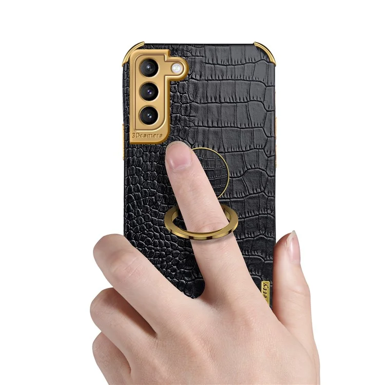 For Samsung Galaxy S22 5G Mobile Phone Cover PU Leather+TPU Crocodile Texture Kickstand Electroplating Finger Ring Holder Phone Case - Black