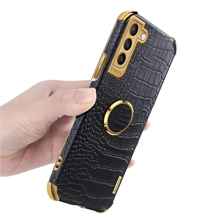 For Samsung Galaxy S22 5G Mobile Phone Cover PU Leather+TPU Crocodile Texture Kickstand Electroplating Finger Ring Holder Phone Case - Black