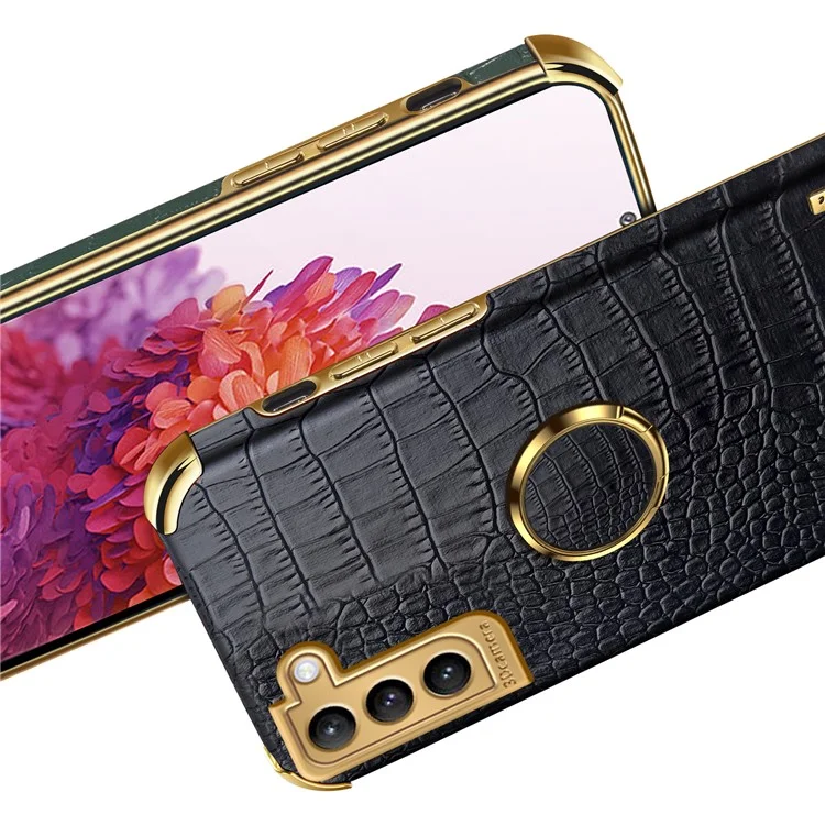 For Samsung Galaxy S22 5G Mobile Phone Cover PU Leather+TPU Crocodile Texture Kickstand Electroplating Finger Ring Holder Phone Case - Black