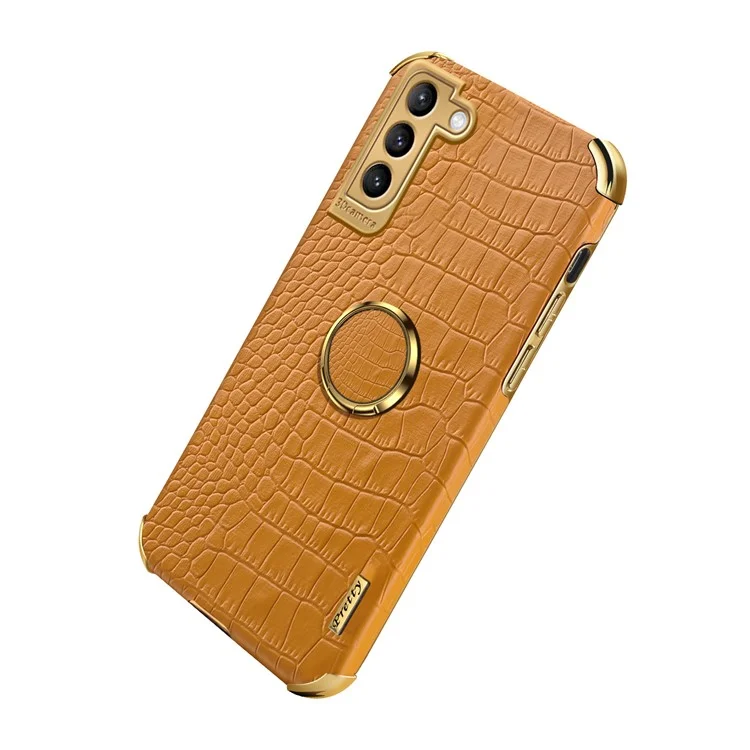 Para Samsung Galaxy S22 + 5G Capa De Telefone Fashionable Textura De Crocodilo Kickstand Eletalloplating Deding Ring Tither PU Couro Revestido TPU Case Telefone - Amarelo