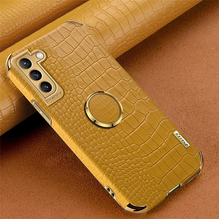 Para Samsung Galaxy S22 + 5G Capa De Telefone Fashionable Textura De Crocodilo Kickstand Eletalloplating Deding Ring Tither PU Couro Revestido TPU Case Telefone - Amarelo