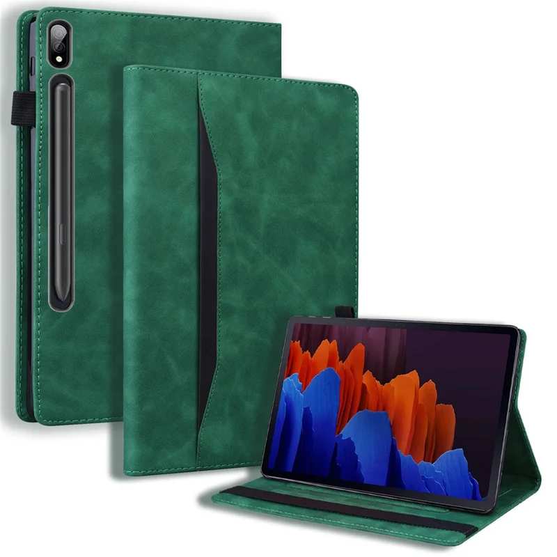 For Samsung Galaxy Tab S10 FE / S9 FE / S9 / S8 / S7 PU Leather Business Wallet Protective Case Stand Shockproof Cover with Pencil Holder - Green