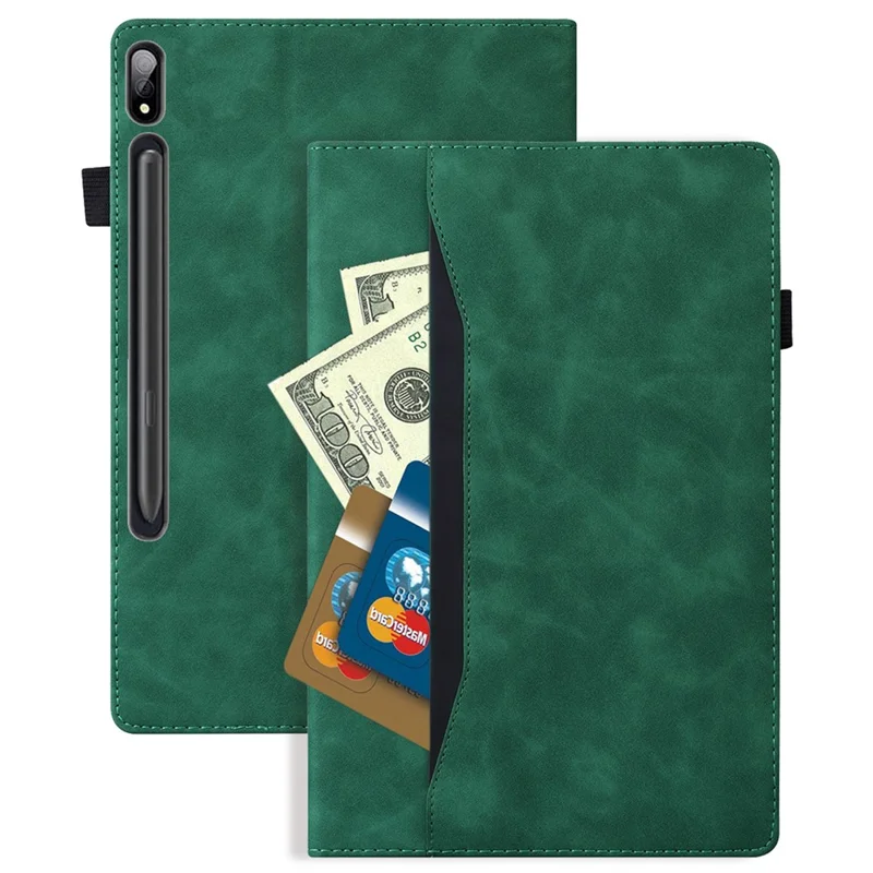 For Samsung Galaxy Tab S10 FE / S9 FE / S9 / S8 / S7 PU Leather Business Wallet Protective Case Stand Shockproof Cover with Pencil Holder - Green