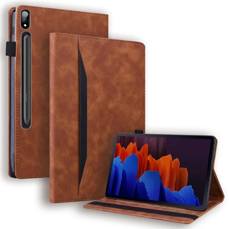 For Samsung Galaxy Tab S10 FE / S9 FE / S9 / S8 / S7 PU Leather Business Wallet Protective Case Stand Shockproof Cover with Pencil Holder - Brown