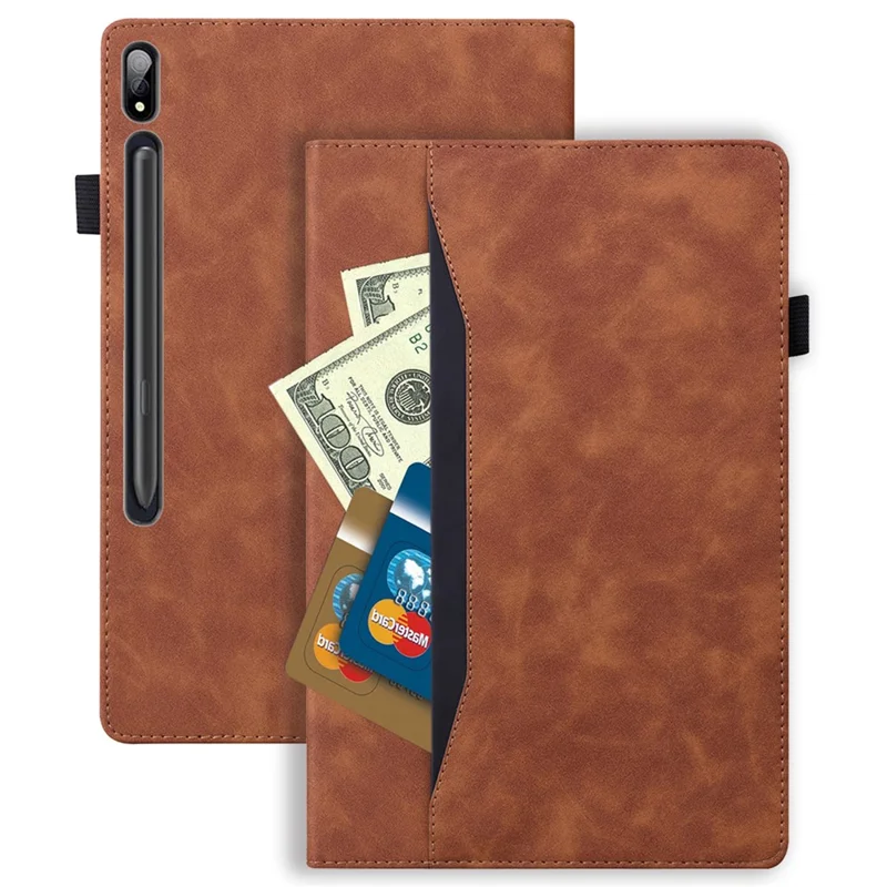 For Samsung Galaxy Tab S10 FE / S9 FE / S9 / S8 / S7 PU Leather Business Wallet Protective Case Stand Shockproof Cover with Pencil Holder - Brown