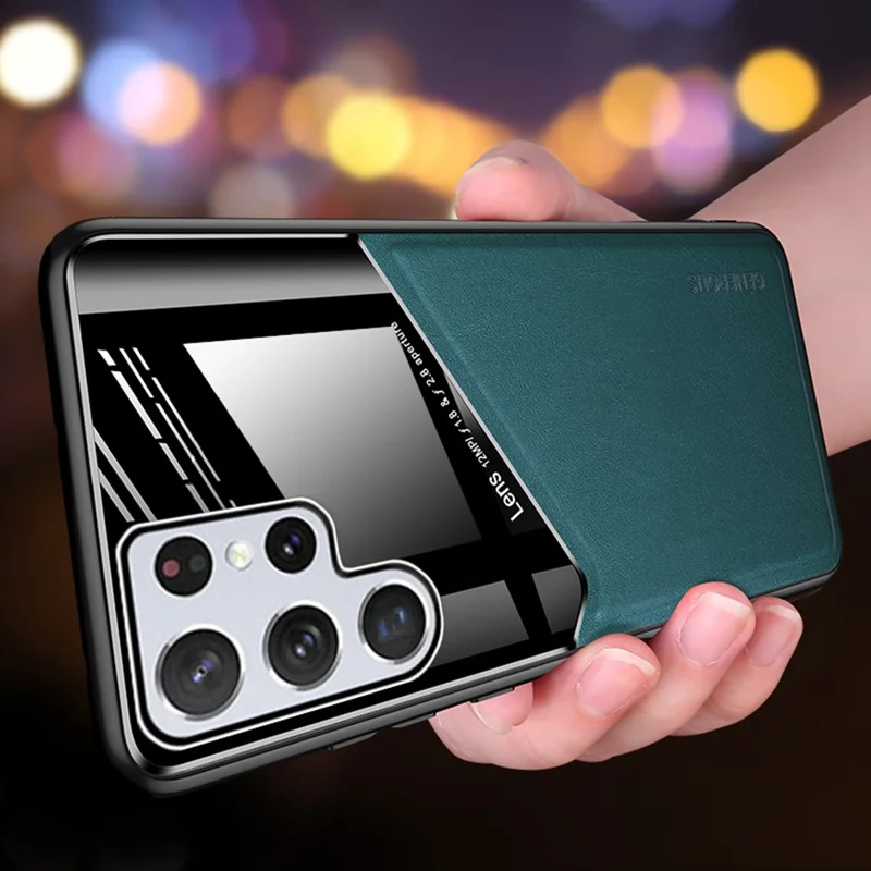 For Samsung Galaxy S22 Ultra 5G Anti-Fall Phone Case with Magnetic Metal Sheet Shockproof TPU Frame Phone Protector - Green