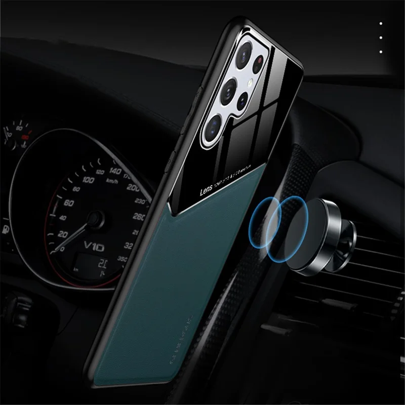 For Samsung Galaxy S22 Ultra 5G Anti-Fall Phone Case with Magnetic Metal Sheet Shockproof TPU Frame Phone Protector - Green