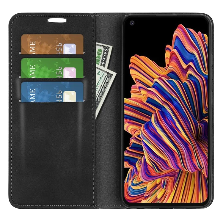 For Samsung Galaxy Xcover Pro PU Leather Attached TPU Inner Case Stand Function Magnetic Auto-absorbed Skin Touch Flip Wallet Phone Cover - Black