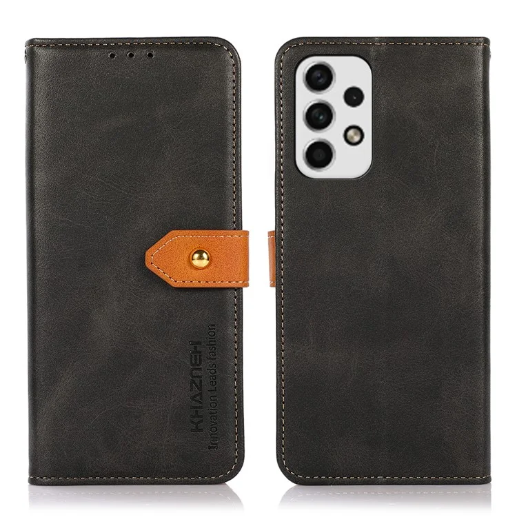 KHAZNEH Para Samsung Galaxy A23 4G / 5G (Versão Global) Prova de Queda Dual-color Golden Magnetic Clasp PU Leather Flip Cell Phone Case Stand Cover com Carteira - Preto
